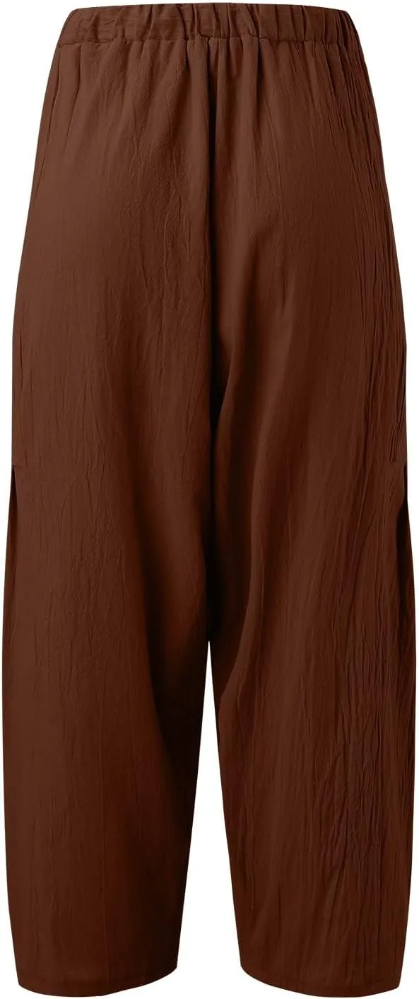 Womens Linen Summer Palazzo Palazzo Pants Low Waist Stretchy Straight Slim-Fit Pants Work Business