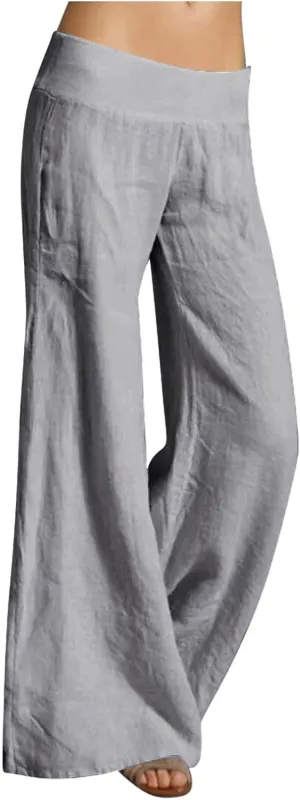 Womens Linen Summer Palazzo Palazzo Pants Low Waist Stretchy Straight Slim-Fit Pants Work Business