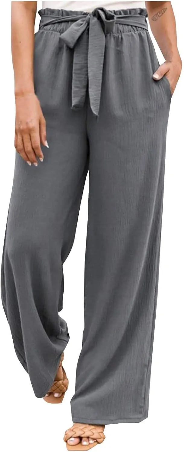 Womens Linen Summer Printed Palazzo Lounge Pants Elastic Waisted Straight Plus Size Palazzo Pants Vacation