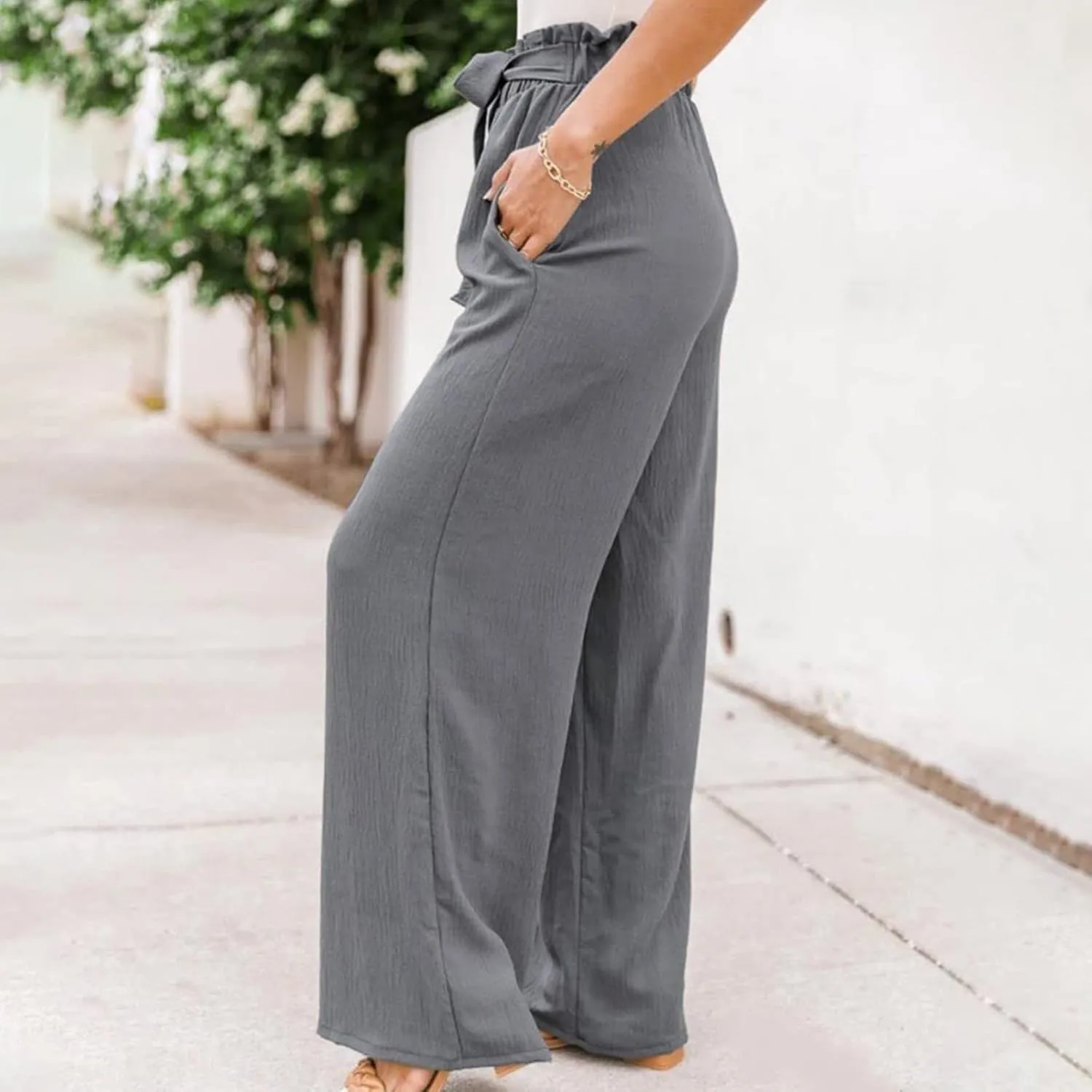 Womens Linen Summer Printed Palazzo Lounge Pants Elastic Waisted Straight Plus Size Palazzo Pants Vacation
