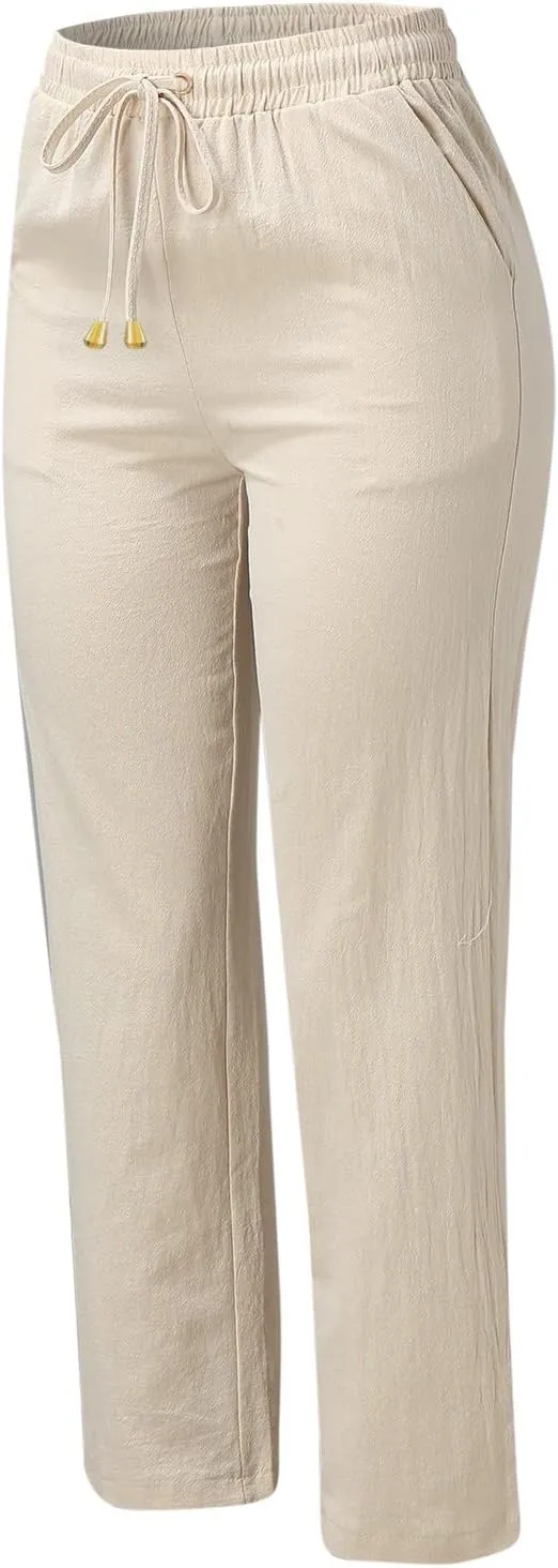 Womens Linen Summer Trendy Palazzo Lounge Pants Low Waist Bootcut Loose Fit Trousers Work Business