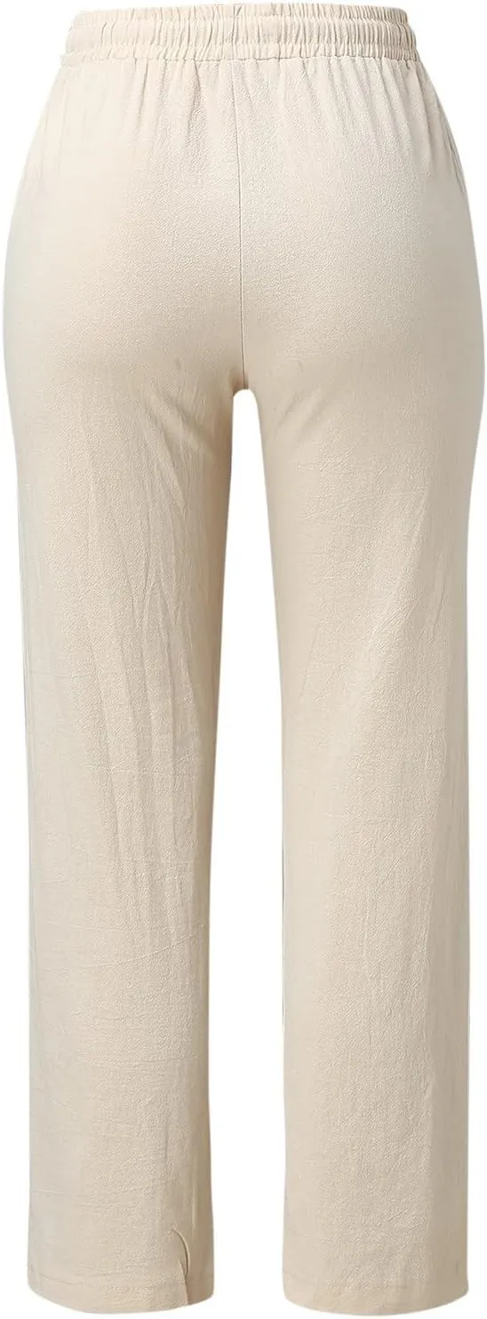 Womens Linen Summer Trendy Palazzo Lounge Pants Low Waist Bootcut Loose Fit Trousers Work Business