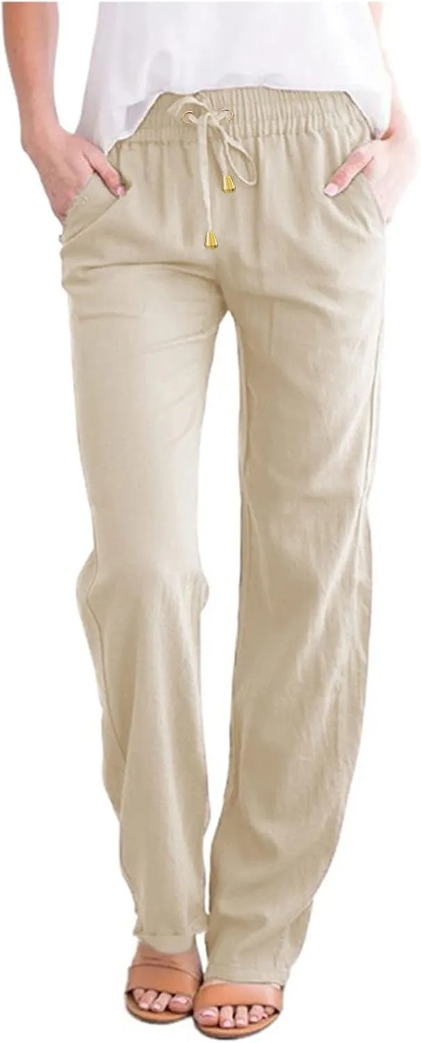 Womens Linen Summer Trendy Palazzo Lounge Pants Low Waist Bootcut Loose Fit Trousers Work Business