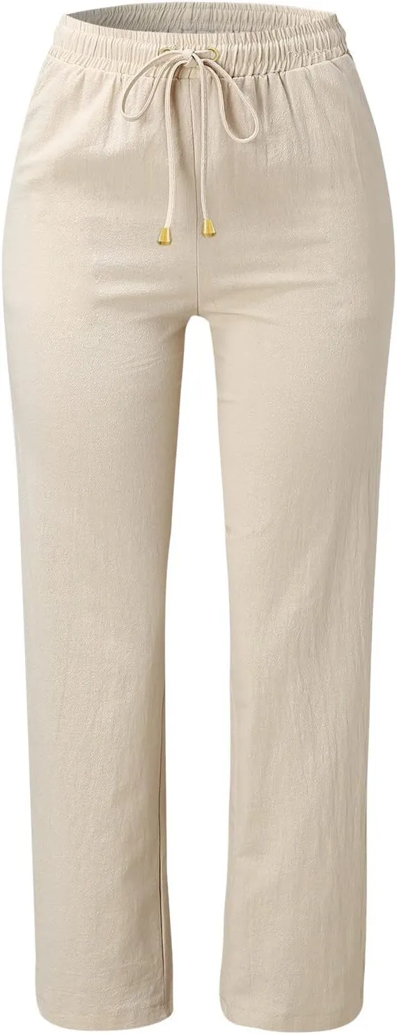 Womens Linen Summer Trendy Palazzo Lounge Pants Low Waist Bootcut Loose Fit Trousers Work Business