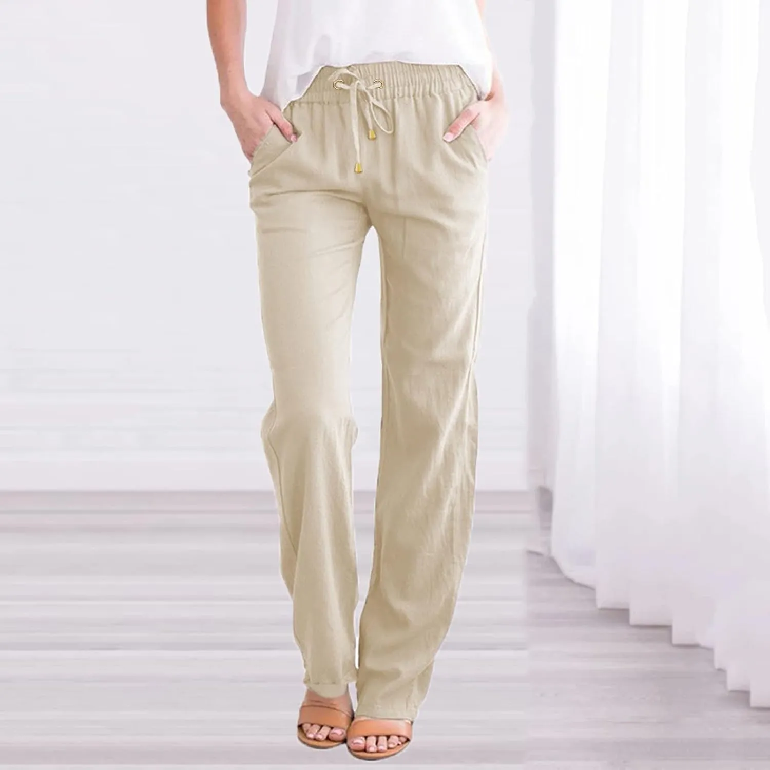 Womens Linen Summer Trendy Palazzo Lounge Pants Low Waist Bootcut Loose Fit Trousers Work Business