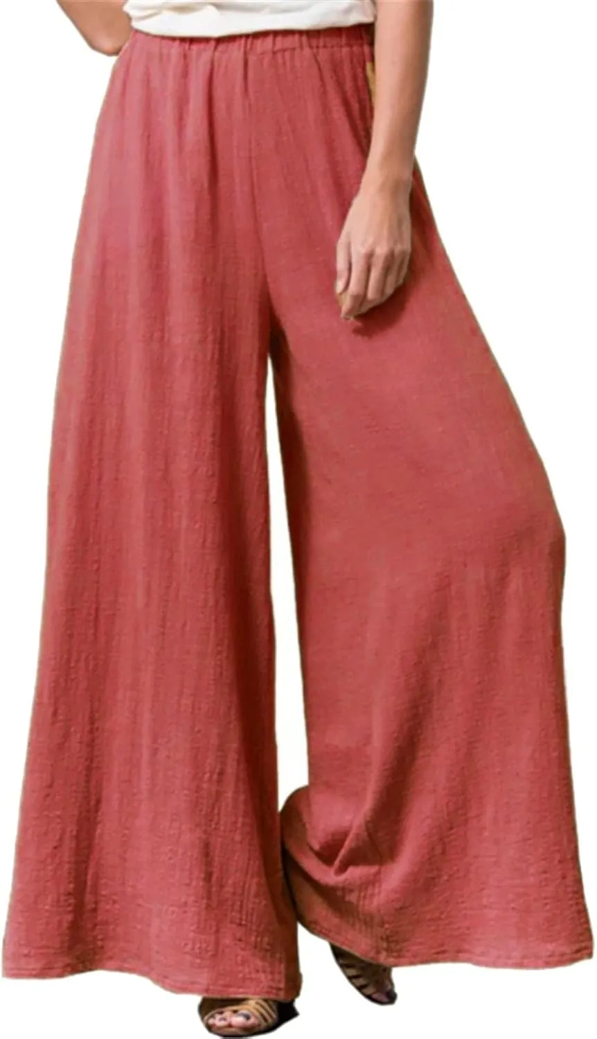 Women's Linen Summer Trendy Palazzo Pants Elastic Waisted Stretchy Loose Fit Palazzo Pants Business Work