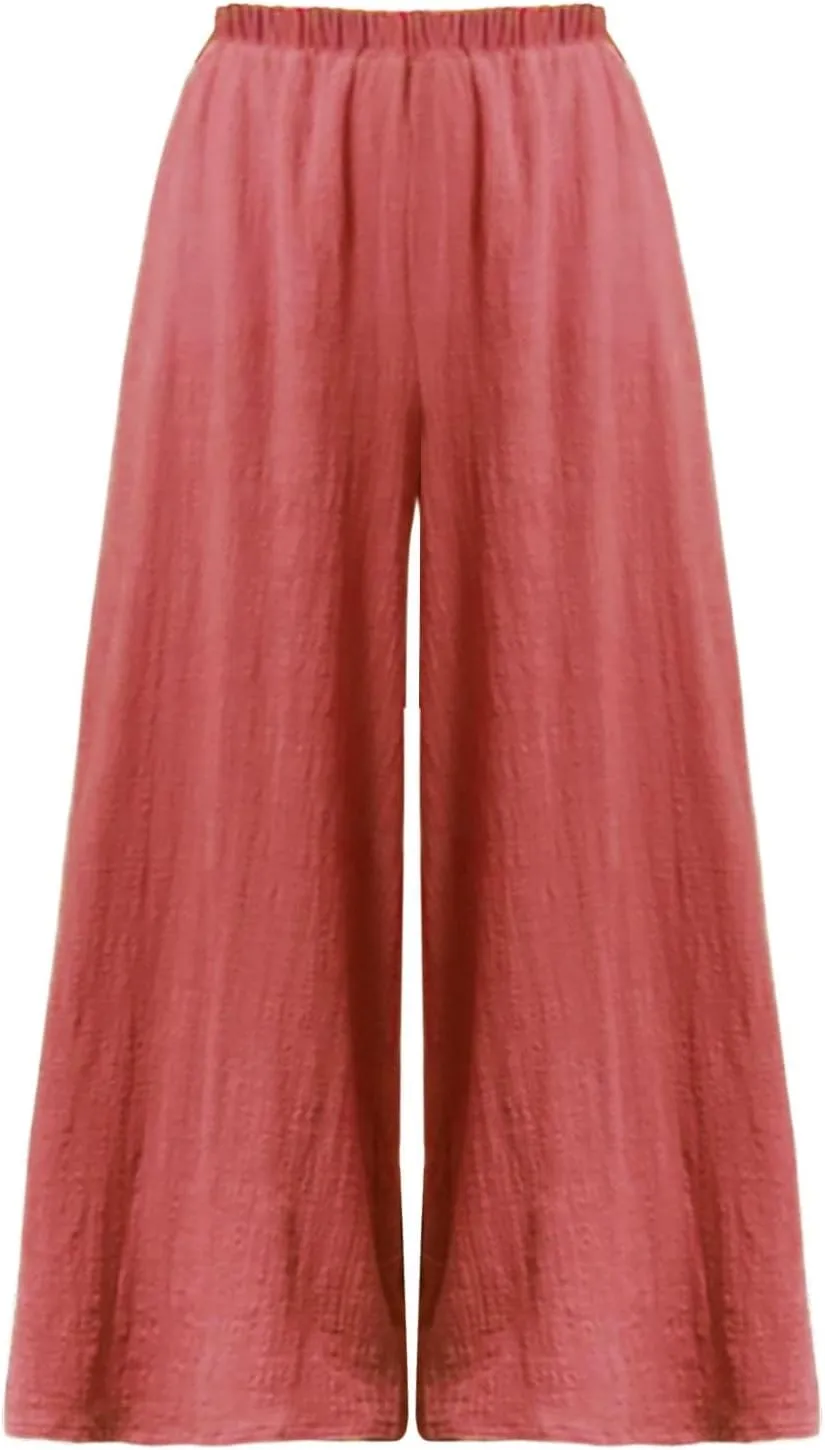 Women's Linen Summer Trendy Palazzo Pants Elastic Waisted Stretchy Loose Fit Palazzo Pants Business Work