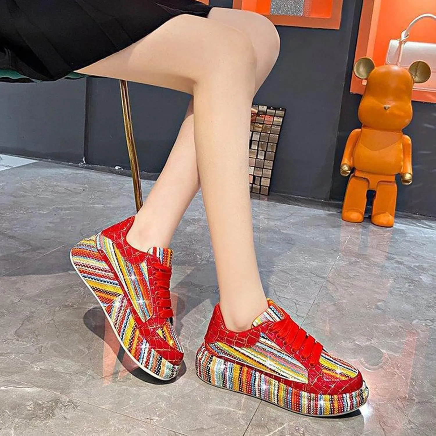 Women's Platform Glitter Sneakers, Women's Platform Colorful Fashion Sneakers Retro Colorblock Stylish Cute Chunky Dad Walking Shoes, Sparkly Bling Women's Chunky Rhinestone Sneak