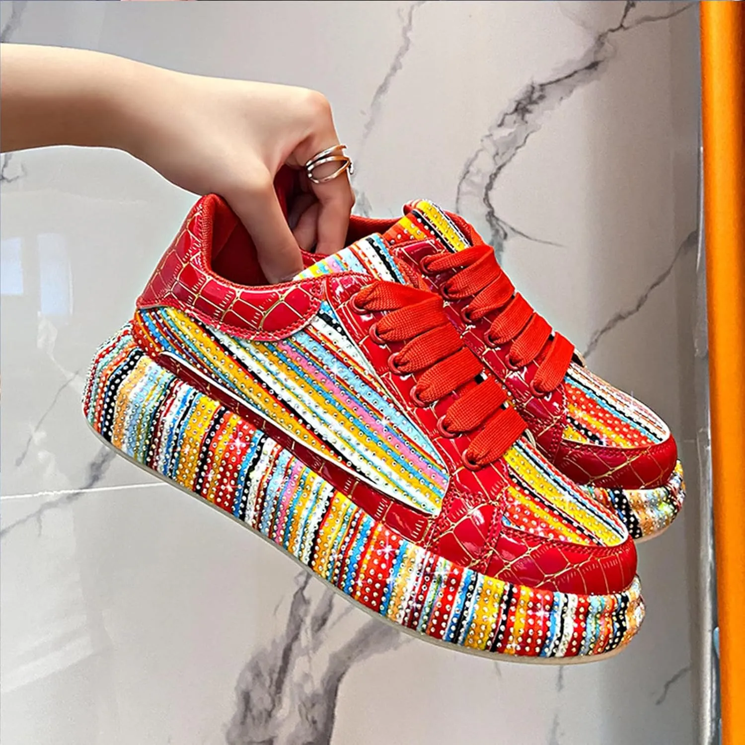 Women's Platform Glitter Sneakers, Women's Platform Colorful Fashion Sneakers Retro Colorblock Stylish Cute Chunky Dad Walking Shoes, Sparkly Bling Women's Chunky Rhinestone Sneak