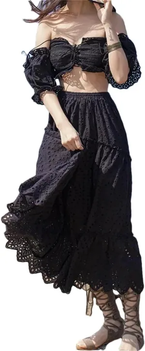 Women's Summer Cotton Full Lace A-Line Boho Cake Dress High Waist Empire Vacation Long Skirts