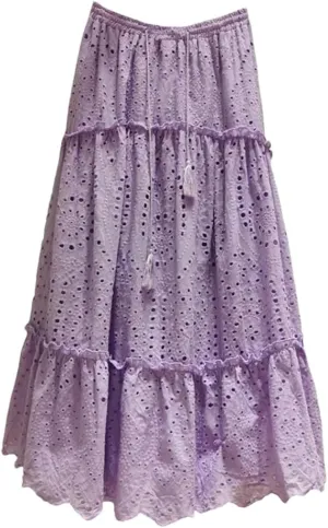 Women's Summer Cotton Full Lace A-Line Boho Cake Dress High Waist Empire Vacation Long Skirts