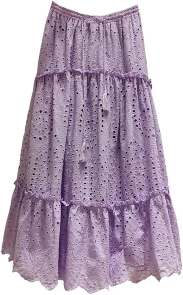Women's Summer Cotton Full Lace A-Line Boho Cake Dress High Waist Empire Vacation Long Skirts
