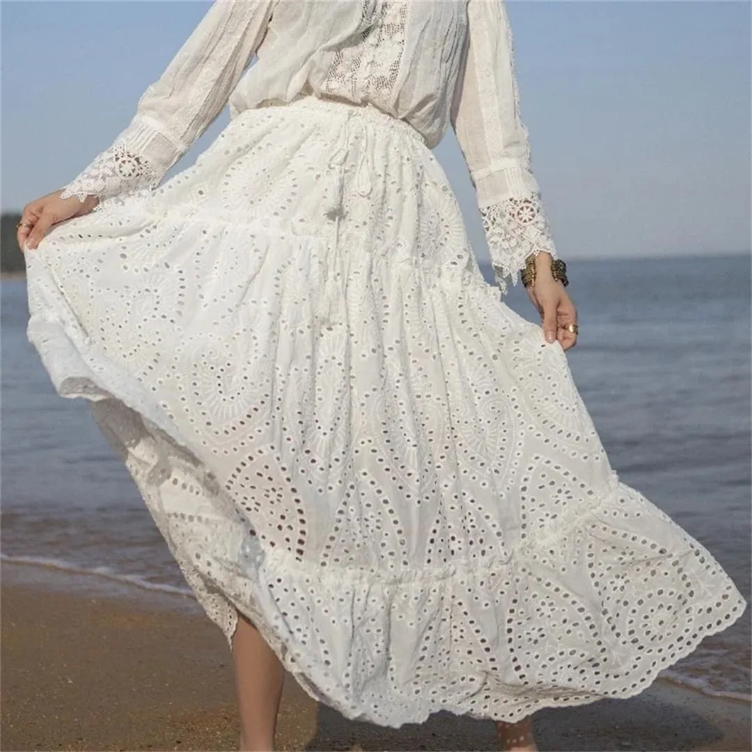 Women's Summer Cotton Full Lace A-Line Boho Cake Dress High Waist Empire Vacation Long Skirts
