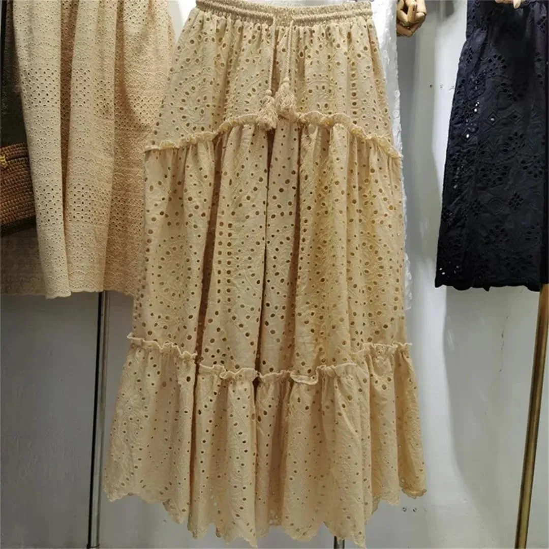 Women's Summer Cotton Full Lace A-Line Boho Cake Dress High Waist Empire Vacation Long Skirts