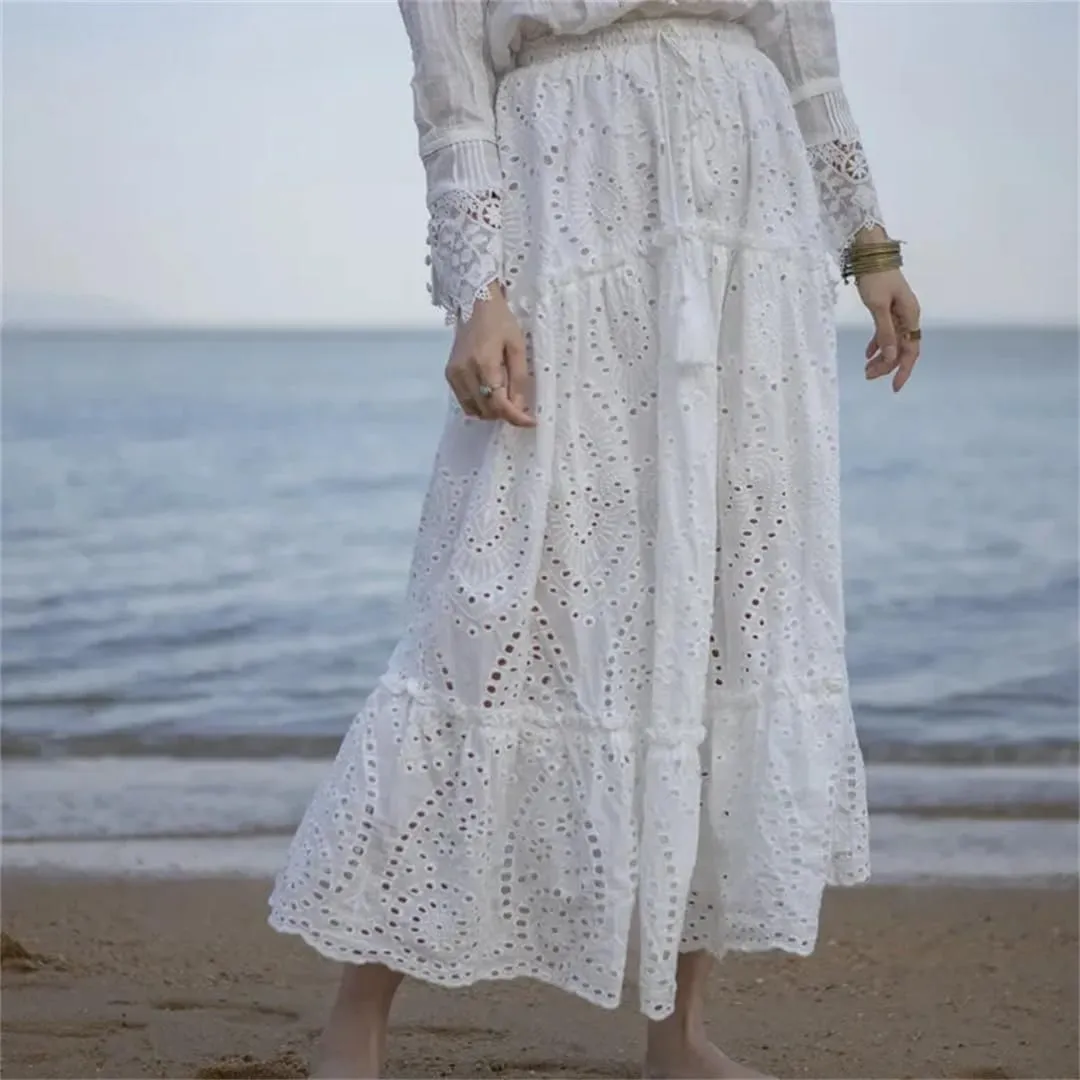 Women's Summer Cotton Full Lace A-Line Boho Cake Dress High Waist Empire Vacation Long Skirts