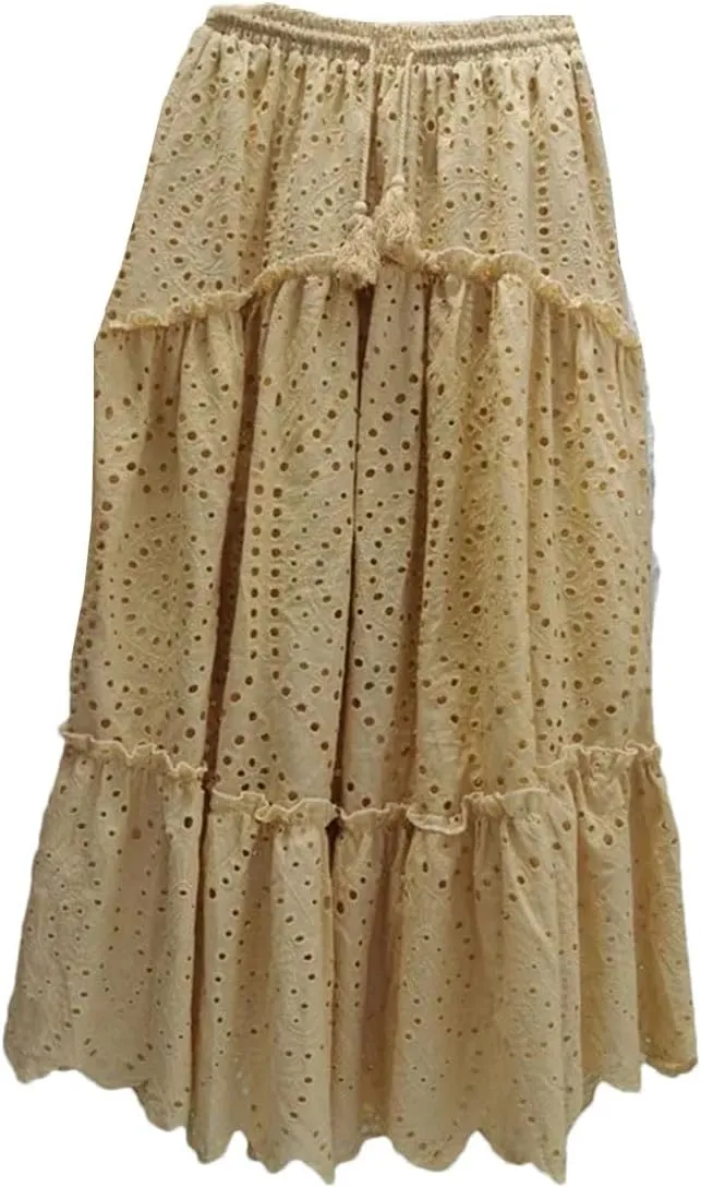 Women's Summer Cotton Full Lace A-Line Boho Cake Dress High Waist Empire Vacation Long Skirts