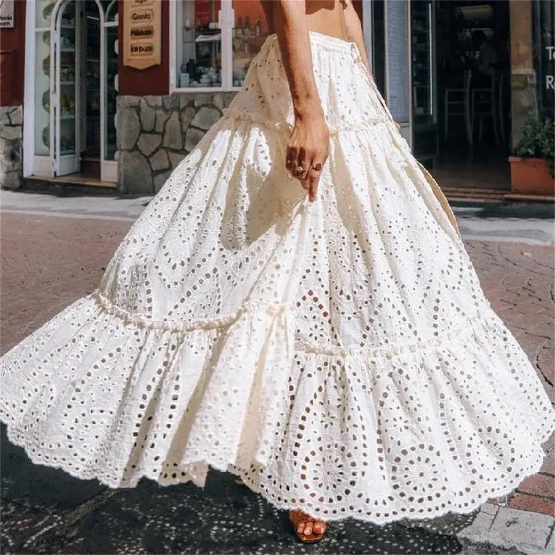 Women's Summer Cotton Full Lace A-Line Boho Cake Dress High Waist Empire Vacation Long Skirts