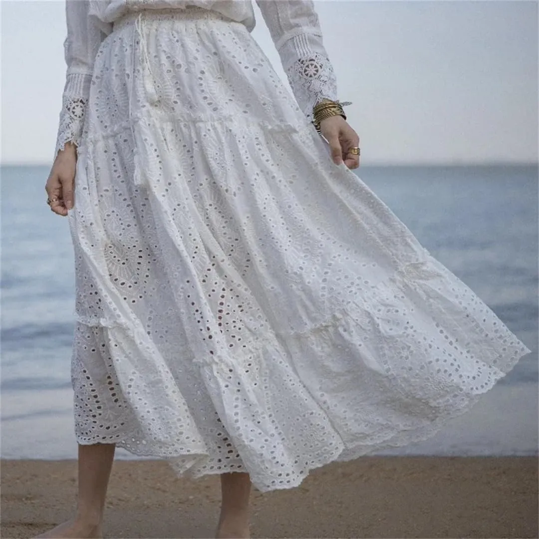 Women's Summer Cotton Full Lace A-Line Boho Cake Dress High Waist Empire Vacation Long Skirts