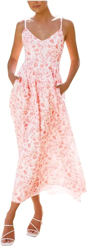 Womens Summer Dress Flutter Boho Floral V Neck Spaghetti Strap Flowy A-Line Beach Vacation Sundresses with Pockets