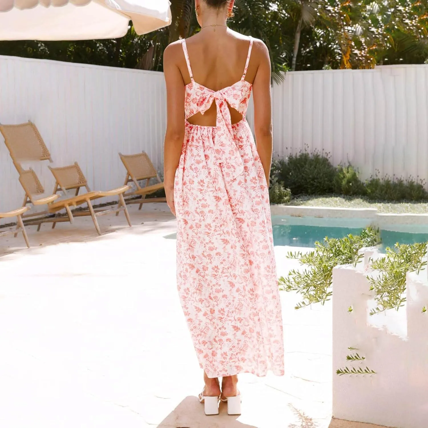 Womens Summer Dress Flutter Boho Floral V Neck Spaghetti Strap Flowy A-Line Beach Vacation Sundresses with Pockets
