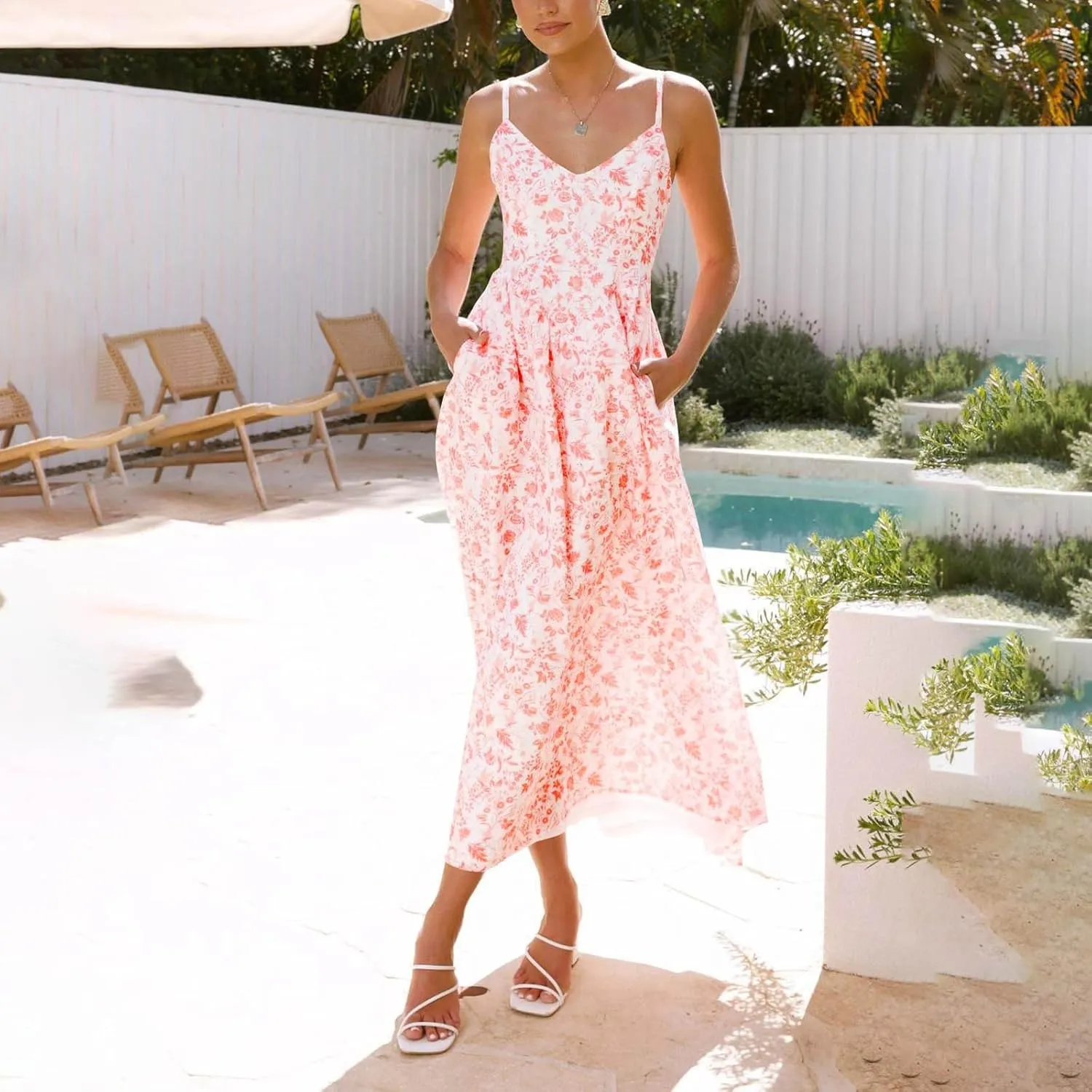 Womens Summer Dress Flutter Boho Floral V Neck Spaghetti Strap Flowy A-Line Beach Vacation Sundresses with Pockets