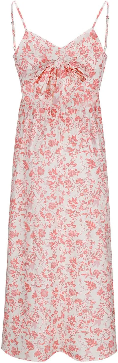 Womens Summer Dress Flutter Boho Floral V Neck Spaghetti Strap Flowy A-Line Beach Vacation Sundresses with Pockets
