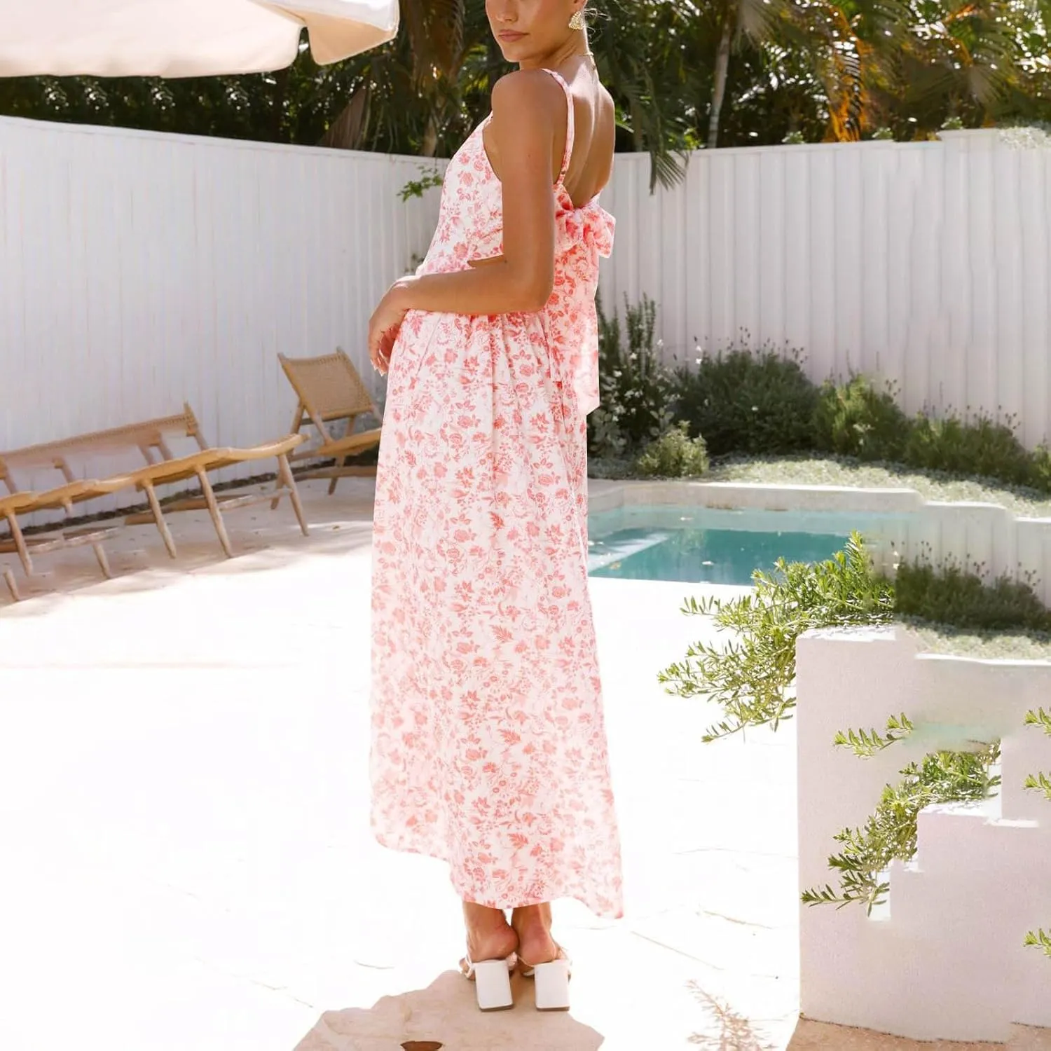 Womens Summer Dress Flutter Boho Floral V Neck Spaghetti Strap Flowy A-Line Beach Vacation Sundresses with Pockets