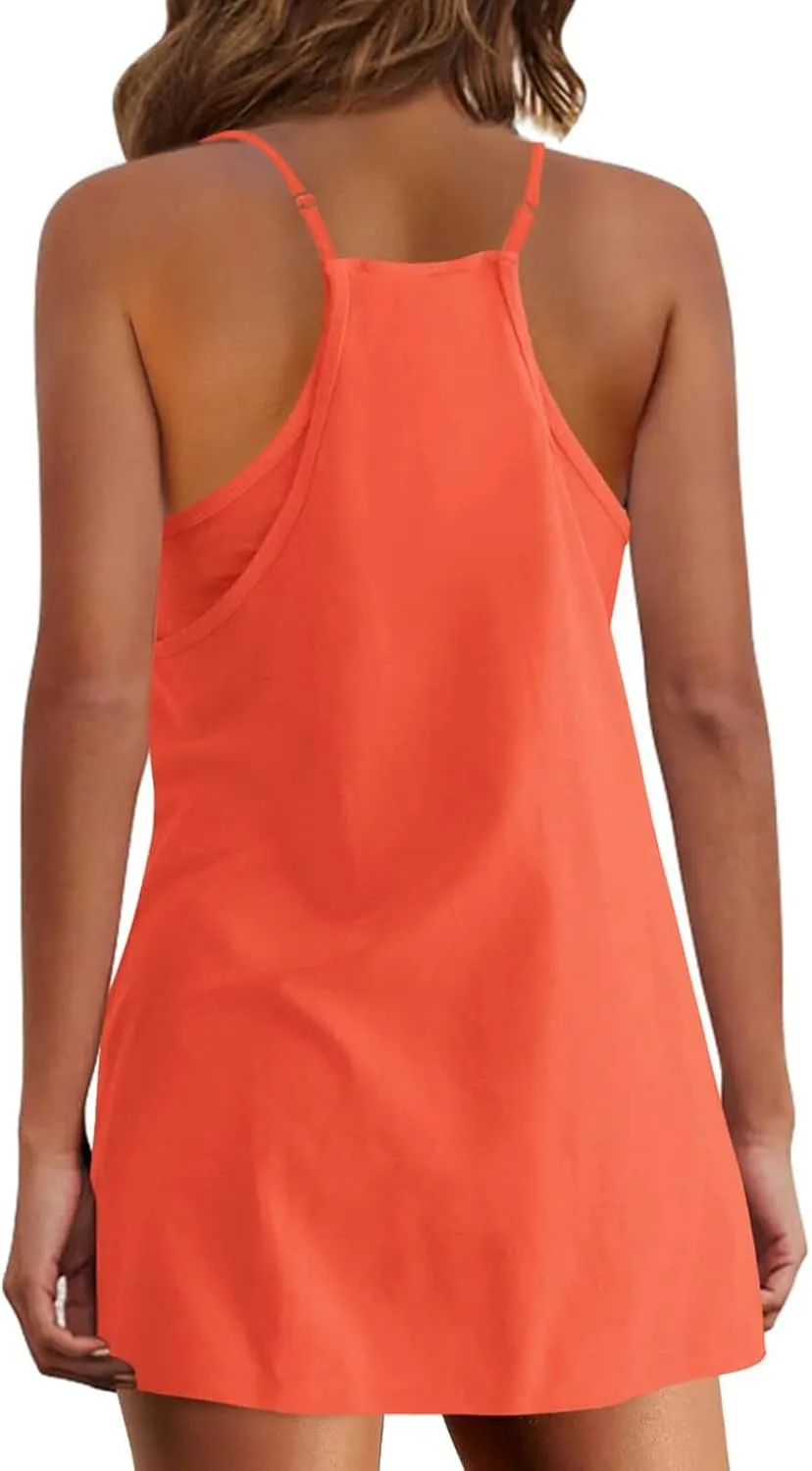 Womens Two Piece Summer Sets Sleeveless V Neck Mini Dress Spaghetti Strap Sundress Athletic Shorts with Pockets
