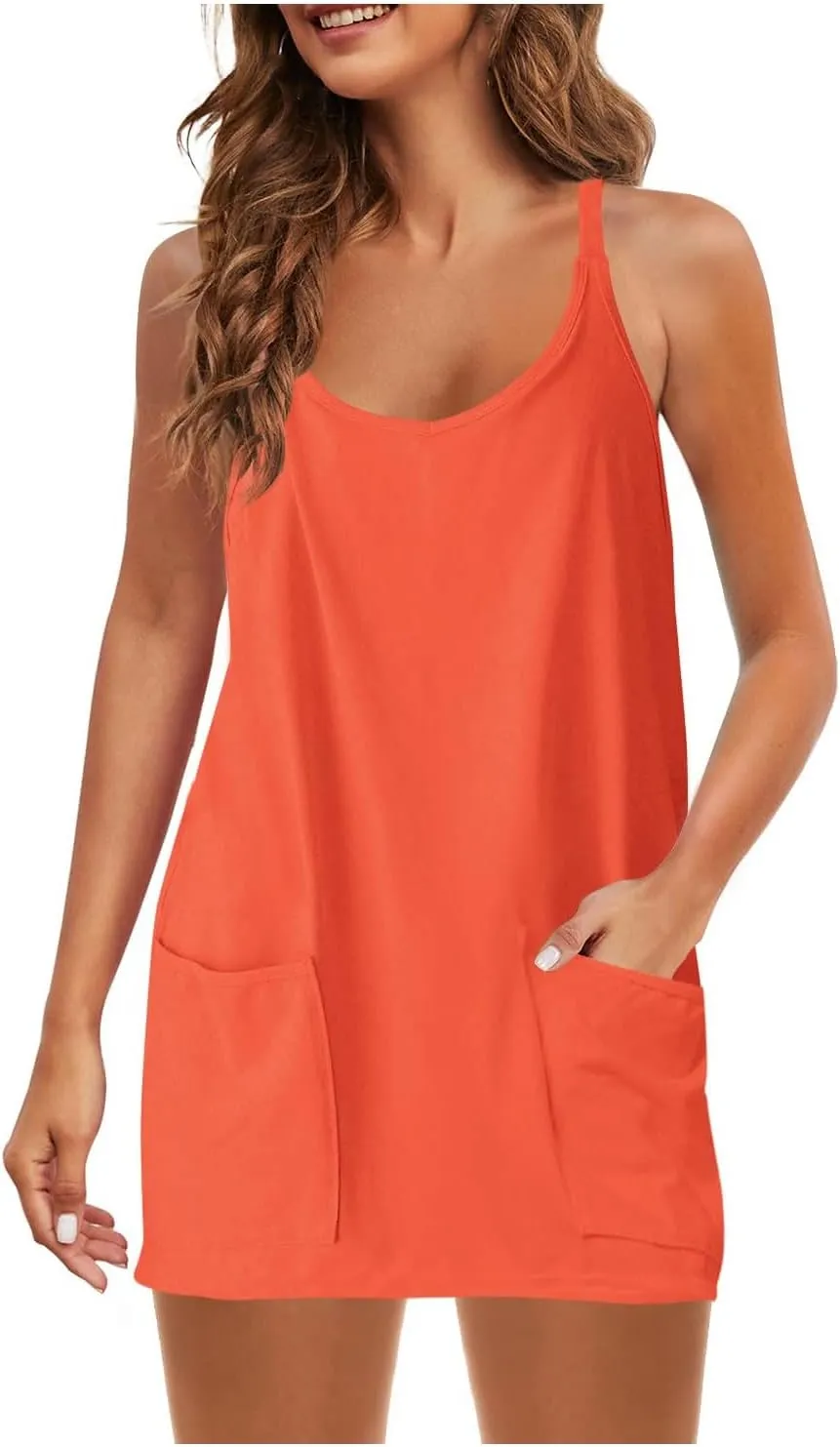 Womens Two Piece Summer Sets Sleeveless V Neck Mini Dress Spaghetti Strap Sundress Athletic Shorts with Pockets