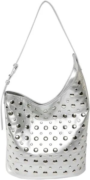 Y2K PU Leather Shoulder Bag for Women Rivet Bucket Tote Purse Trendy Handbag Travel Party