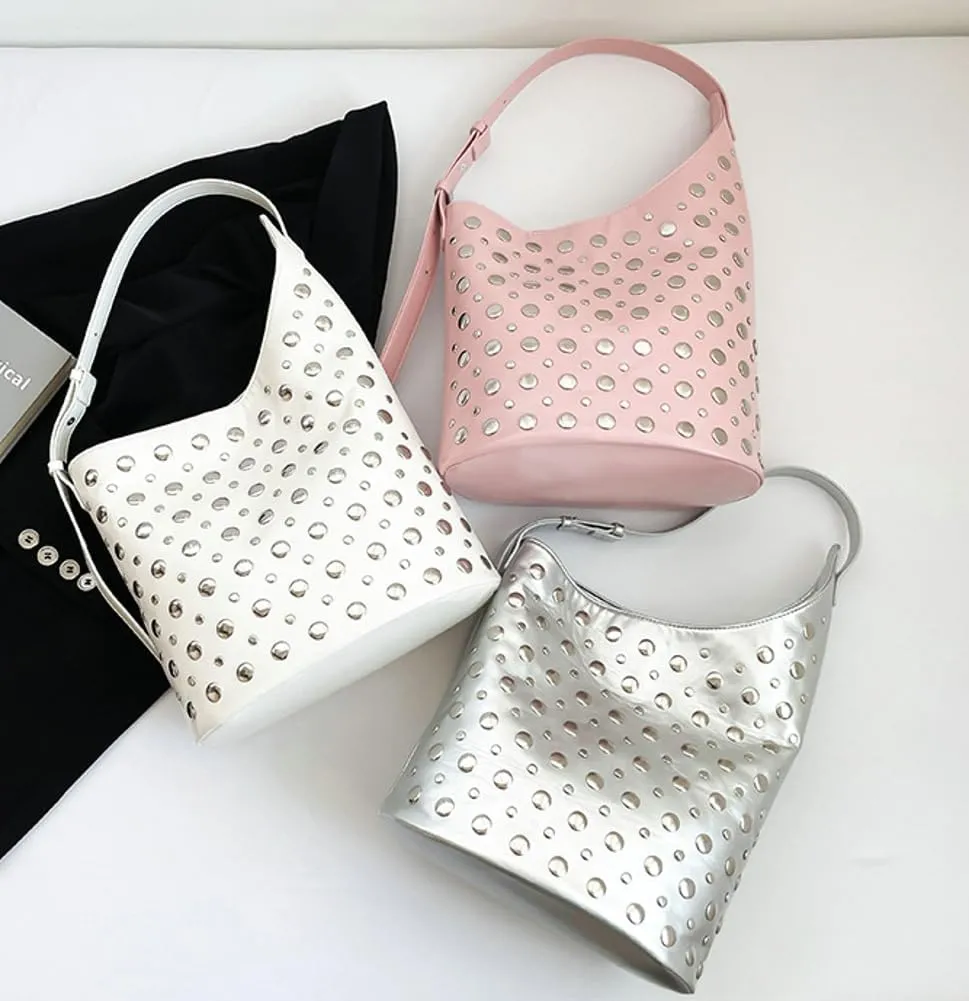 Y2K PU Leather Shoulder Bag for Women Rivet Bucket Tote Purse Trendy Handbag Travel Party