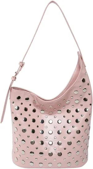 Y2K PU Leather Shoulder Bag for Women Rivet Bucket Tote Purse Trendy Handbag Travel Party