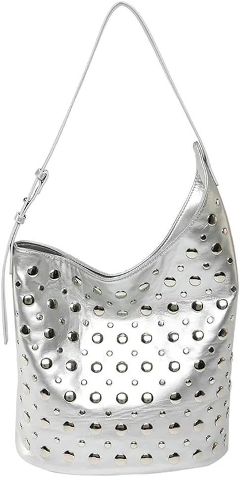 Y2K PU Leather Shoulder Bag for Women Rivet Bucket Tote Purse Trendy Handbag Travel Party