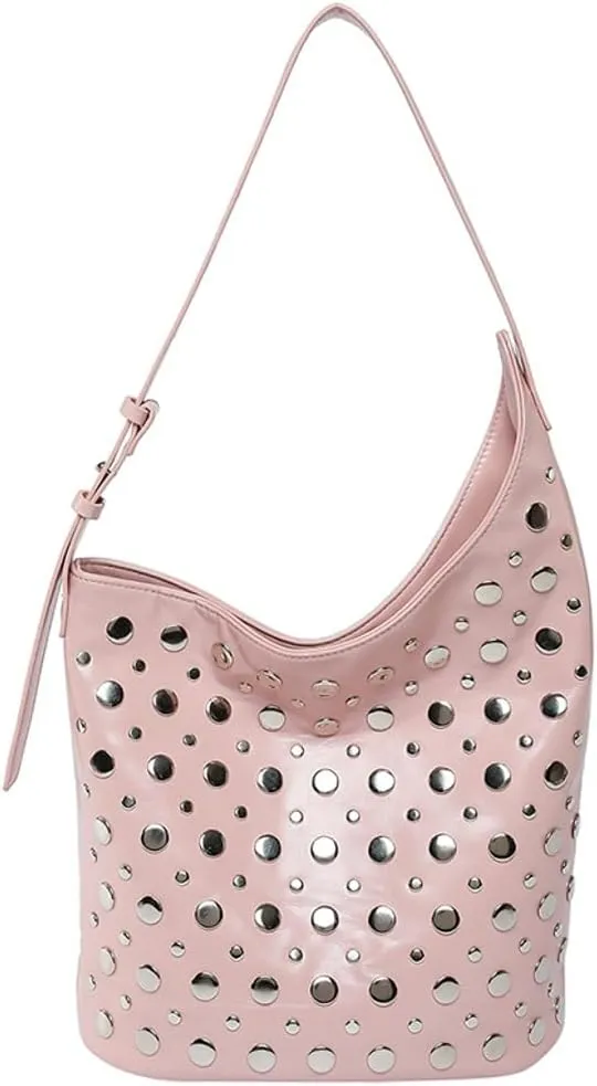 Y2K PU Leather Shoulder Bag for Women Rivet Bucket Tote Purse Trendy Handbag Travel Party
